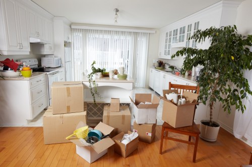 Sturdy packing boxes prepared for a move in Teddington