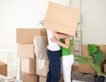 Office relocation service with boxes and equipment ready for transport